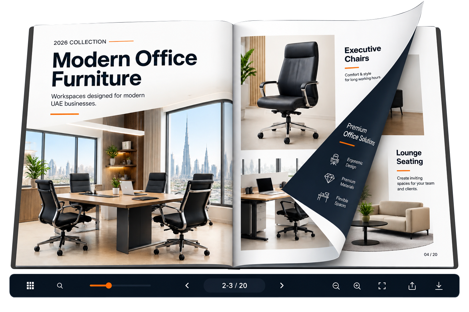 Interactive digital flipbook catalogue example for a UAE office furniture company